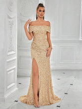 ADYCE Glitter Off-Shoulder Ruched Front Slit Party Prom Dress